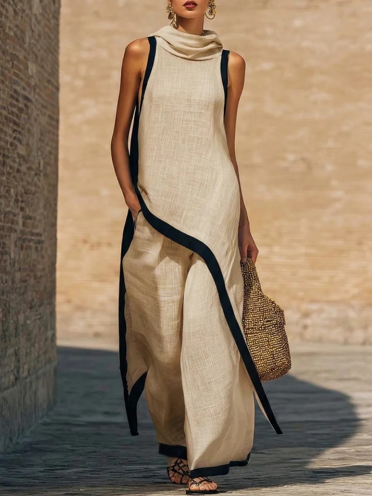 Ethnic Fashion Design - Women's linen Contrast Color Sleeveless Asymmetrical