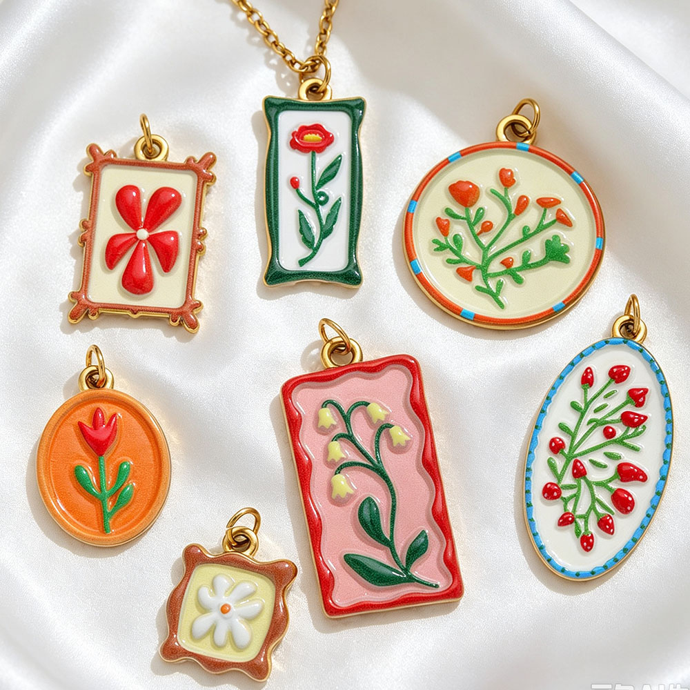 Ethnic Fashion Design - 2pcs Boho Enamel Flower Pendants 18K